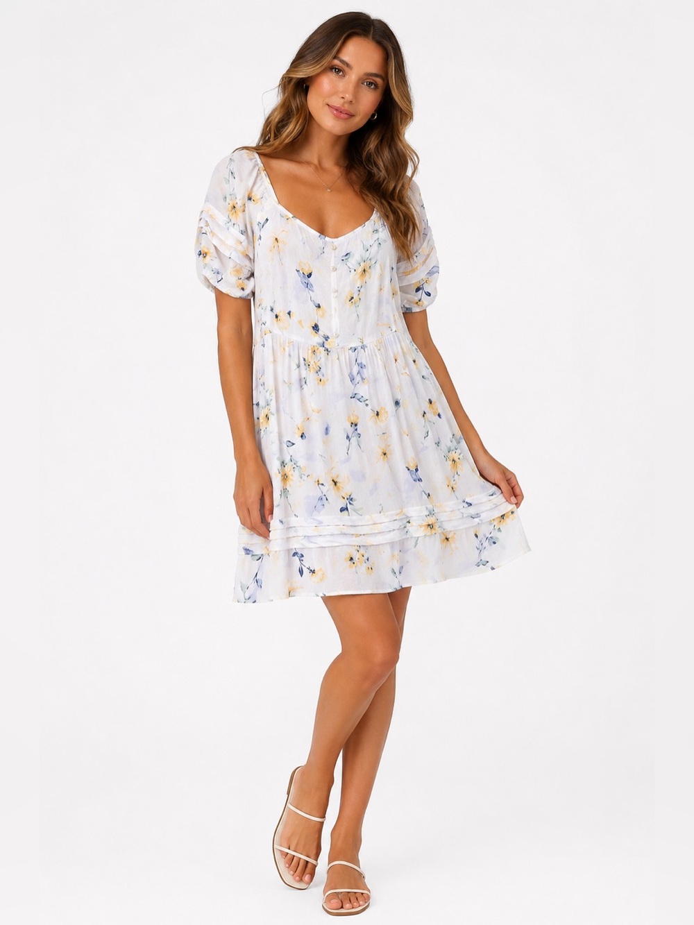 Floral Babydoll Mini Dress Women XS S Cottagecore Puff Sleeve Boho White Coastal